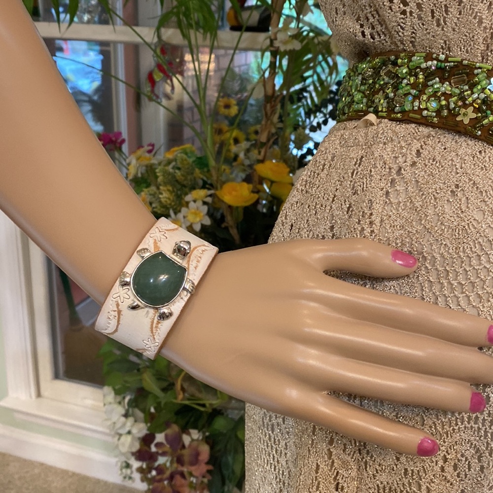 Green Jade Turtle leather cuff bracelet